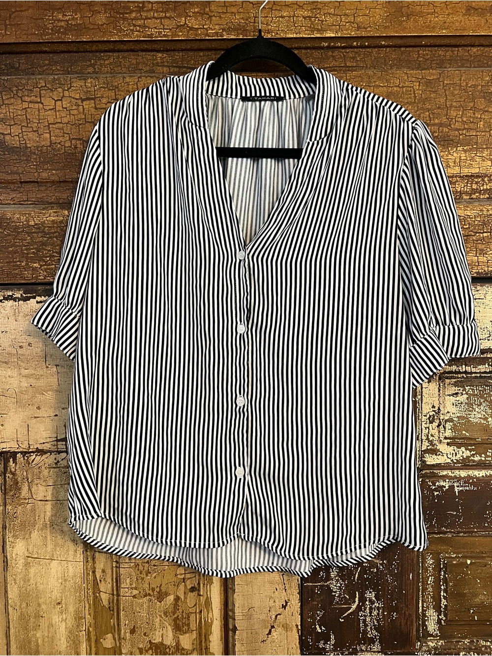 Tahari Black White Striped Blouse | Button Front Workwear Top | Size XL